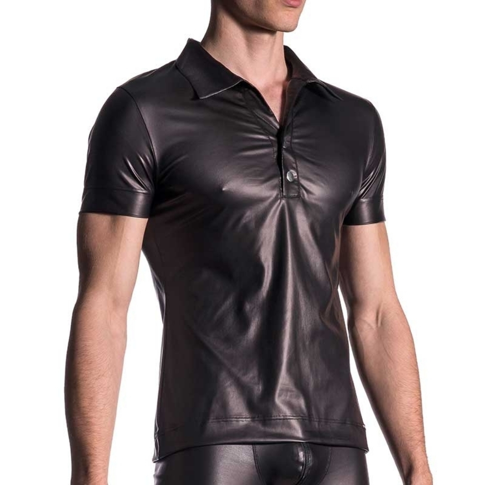 Manstore Faux Leather Wet Look Polo Shirt Small